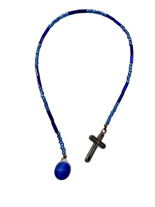 Beaded Blue Silvertone Cross Book Marker Bible 9.5 Inch