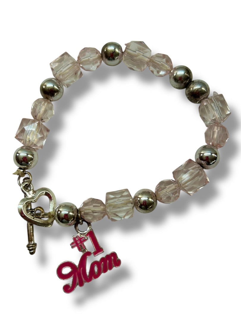 Stretchy Toggle Clasp Bracelet #1 Mom Charm Silver Pink