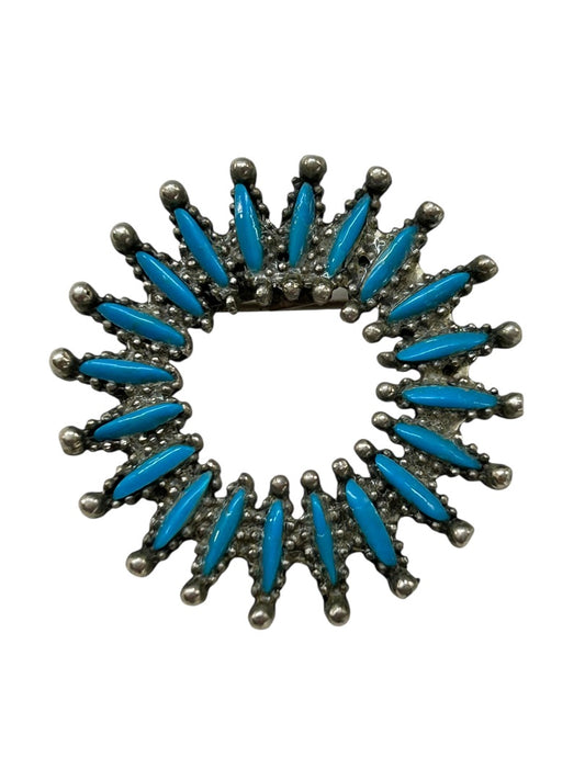 Silvertone and Teal Brooch Pin Circle Pointed  1.25 Inch Diameter