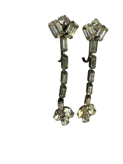 Vintage Rhinestone Clip On Non-Pierced Earrings 2 Inch Drop