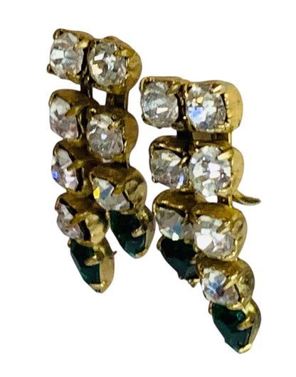 Vintage Clip On Screwback Earrings Goldtone Rhinestone Green 1.1 Inch Drop