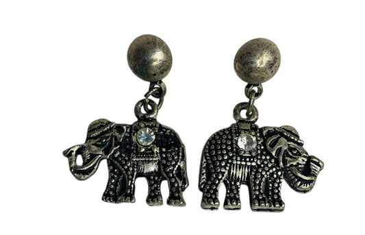 Vintage Silvertone Elephant Post Pierced Earrings 1.25 Inch Drop Trunk Up