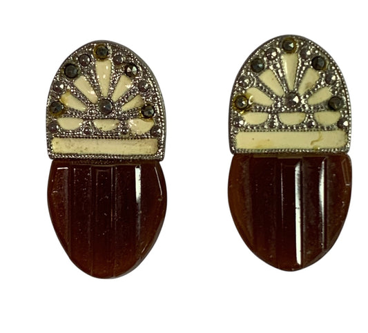 Vintage Art Deco Style Earrings Post Pierced 1 Inch Amber and Ivory Color