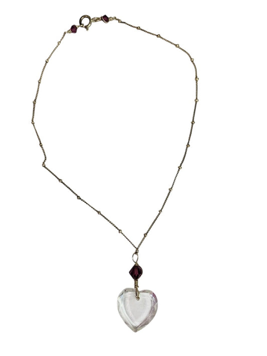 Silvertone Purple Acrylic Heart Pendant Necklace 12 Inch Spring Clasp