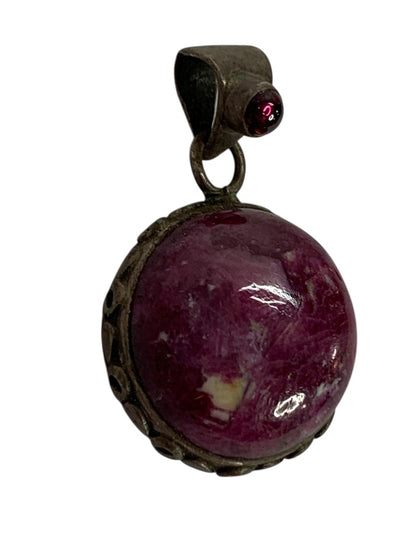 Polished Purple Stone Round Pendant Silvertone Setting 1.5 Inch Drop