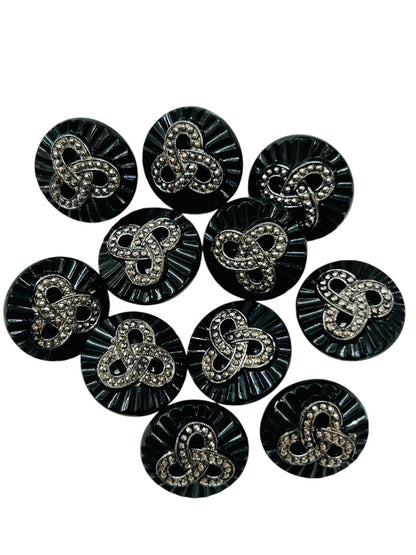 Vintage Lot of 11 Black Buttons Embellished Design 18mm Starburst