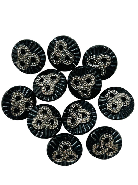 Vintage Lot of 11 Black Buttons Embellished Design 18mm Starburst