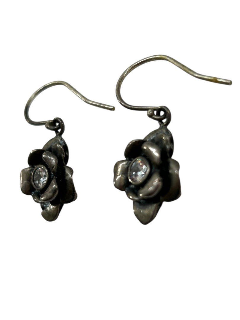 Sterling Silver 925 Fish Hook Pierced Flower Earrings Isreal 1" Drop