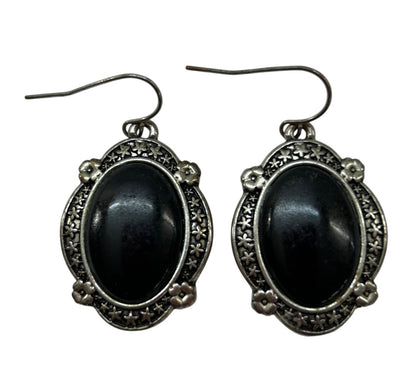 Silvertone Black Retro Style Fish Hook Earrings 1.5" Drop Dangle