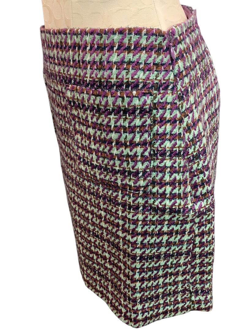 Size 2 Loft New Tweed Skirt Metallic Threading Pockets Side Zip Purple Green Brown