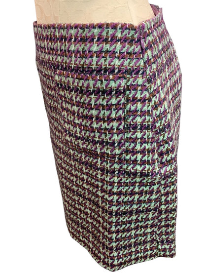 Size 2 Loft New Tweed Skirt Metallic Threading Pockets Side Zip Purple Green Brown