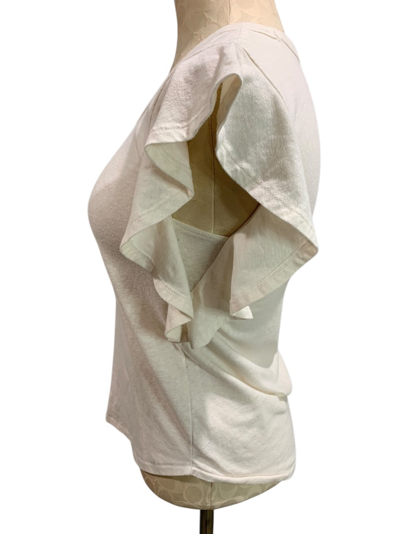 XS Loft Womens Off White Ruffle Sleeve Tshirt Top Scoop Neck