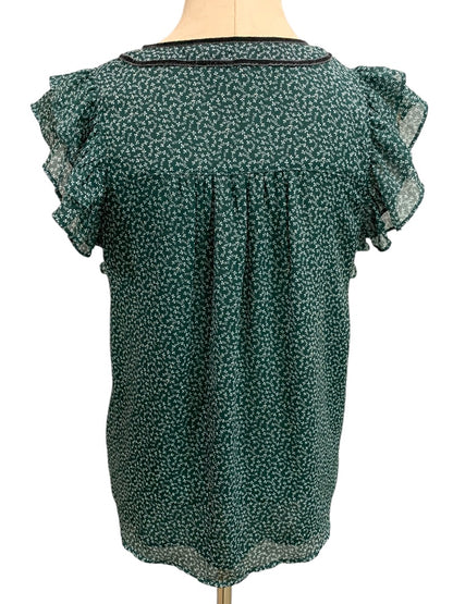XS Loft Womens Emerald Green Popover Blouse Shirt Velvet Trim Floral