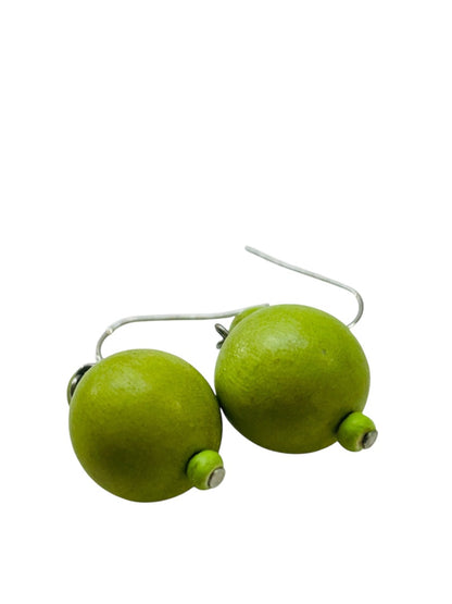 Lime Green Wooden Beaded Fishhook Earrings 1.5" Drop Dangle Pierced
