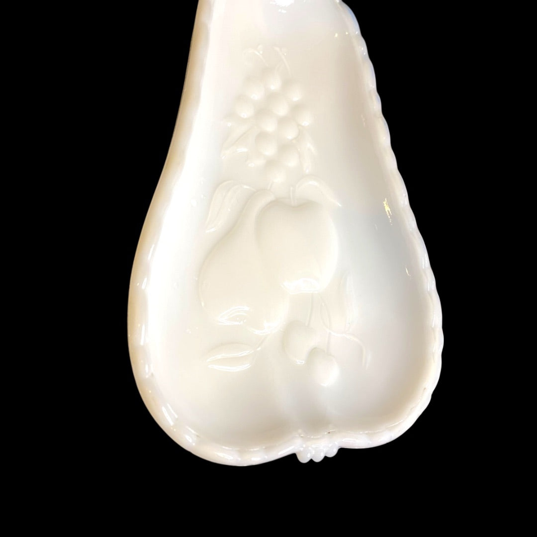 1950s Hazel-Atlas Milk Glass Blossom Pattern Pear Shape Relish Tray 8"