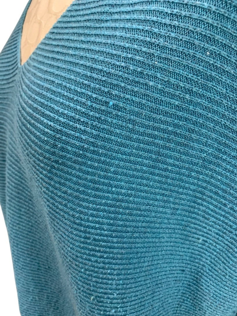 XL Ella Moss Womens V-Neck Sweater Teal Horizontal Ribbed Knit