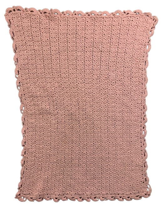 Vintage Pink Sparkle Crochet Baby Blanket 35" x 27" Scalloped Edge