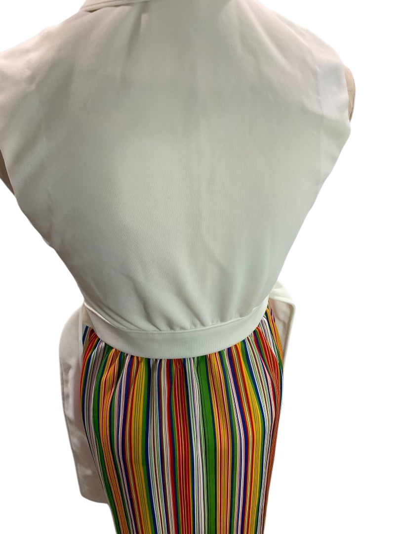 Size 10 Vintage Rainbow Stripe Maxi Dress White Sleeveless Button Front