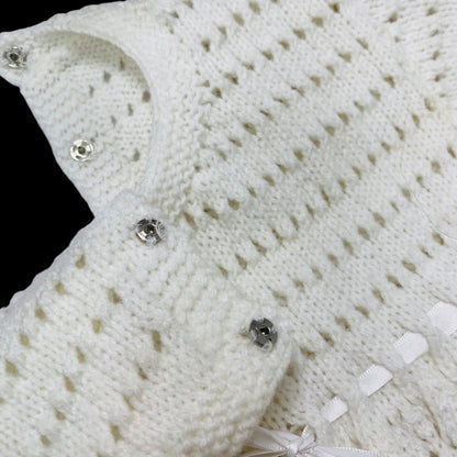 Vintage Infant Baby Dress Hand Crochet Knit White Ribbon Detail
