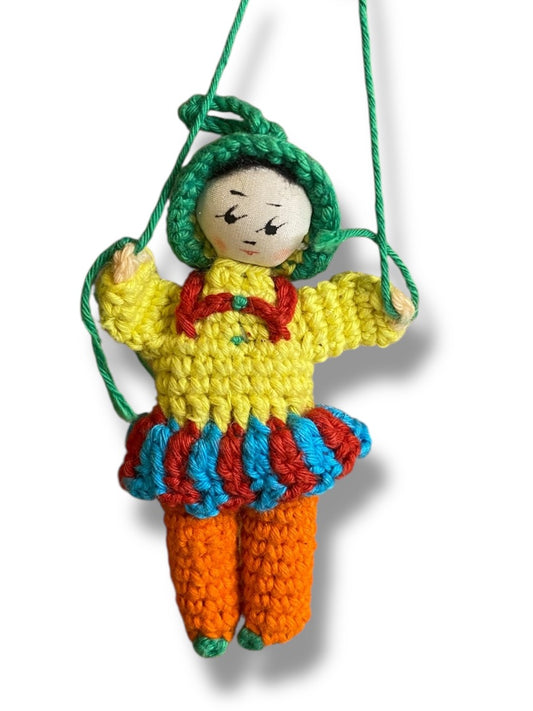 Vintage Amigurumi Japanese Miniature Crochet Doll 3" Silk Face Hanging