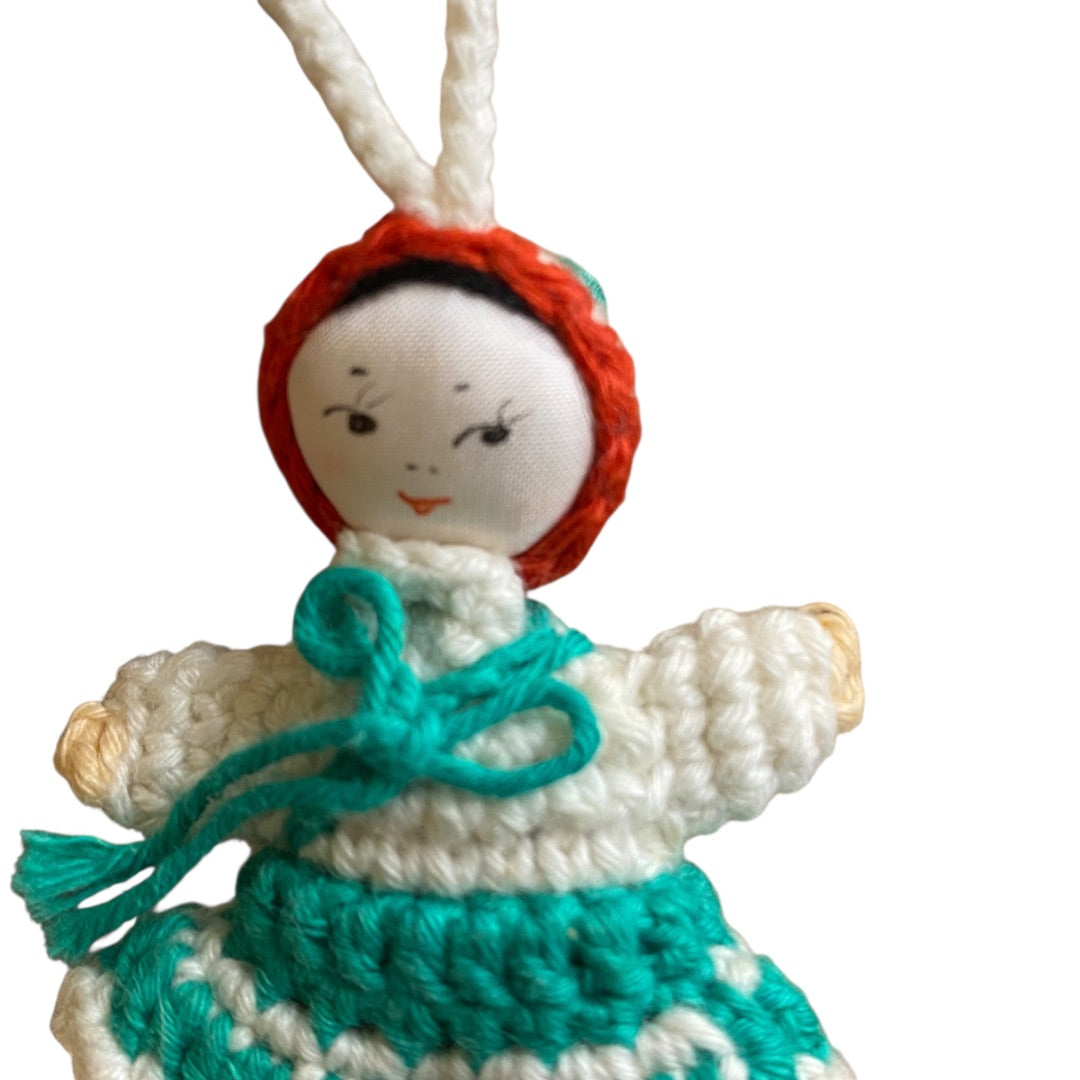 Vintage Amigurumi Japanese Miniature Crochet Girl Doll 2" Silk Face Hanging