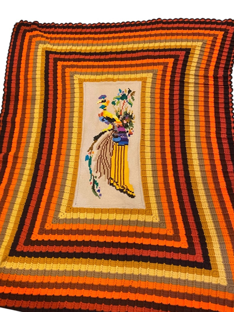 MidCentury Crochet Needlework Afghan Peacock 86" x 69" Orange Brown