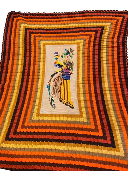 MidCentury Crochet Needlework Afghan Peacock 86" x 69" Orange Brown