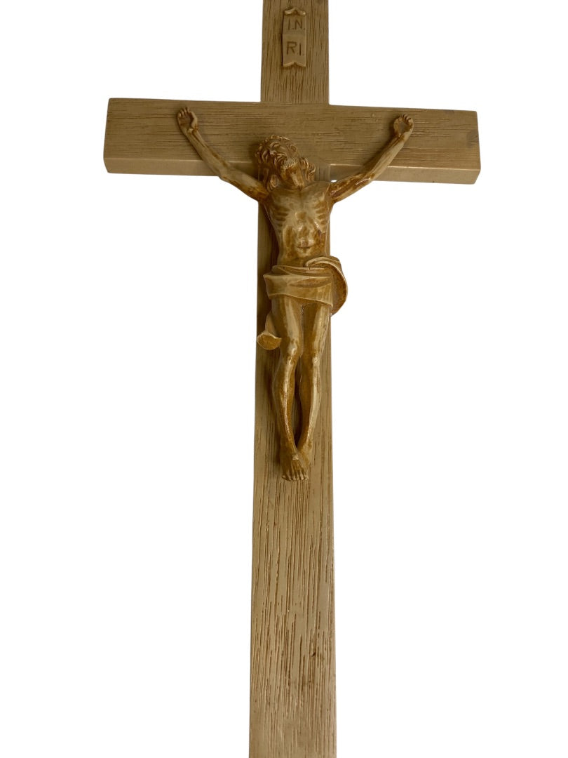 Vintage Plastic Cross Jesus INRI 12" Wall Hanging Wood Look