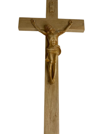 Vintage Plastic Cross Jesus INRI 12" Wall Hanging Wood Look