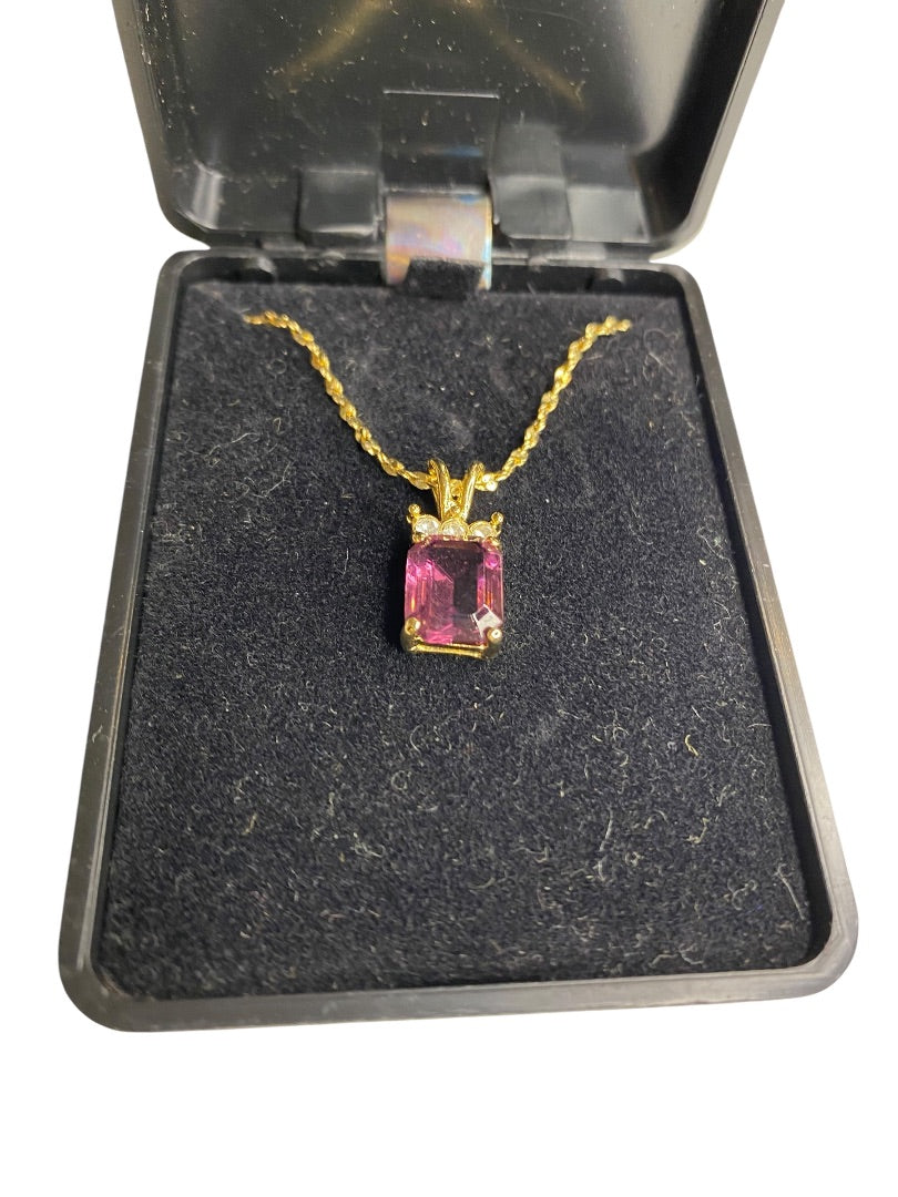 Goldtone Pendant Necklace Emerald Cut Purple Glass 17.5" Chain