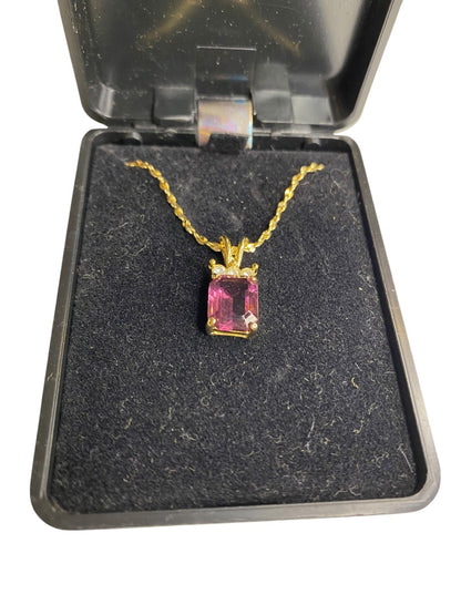 Goldtone Pendant Necklace Emerald Cut Purple Glass 17.5" Chain