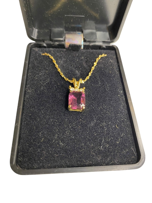 Goldtone Pendant Necklace Emerald Cut Purple Glass 17.5" Chain