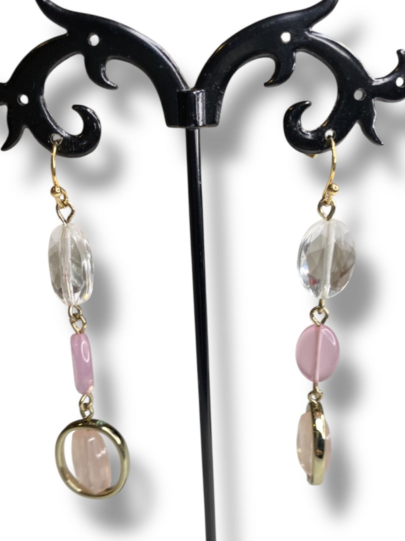 Goldtone Pink Clear Bead Pierced Fishhook Earrings 2.5" Drop