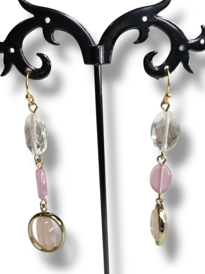 Goldtone Pink Clear Bead Pierced Fishhook Earrings 2.5" Drop