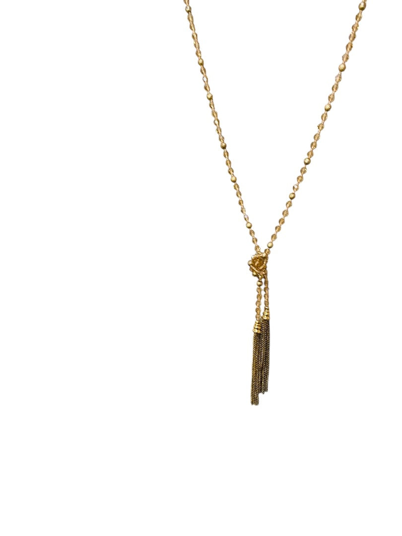Goldtone and Beige Crystal Knot Necklace Tassel 40" Overhead
