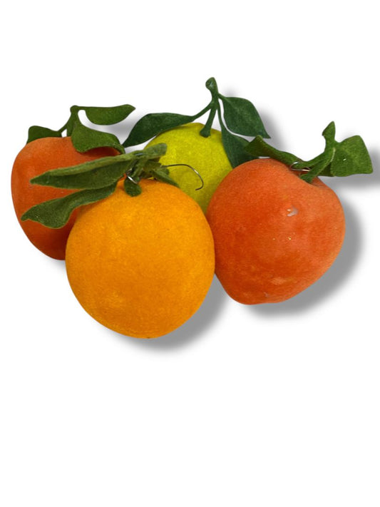 Vintage Flocked Velvet Fruit Set of 4 Ornaments Apples Orange 3 Inch