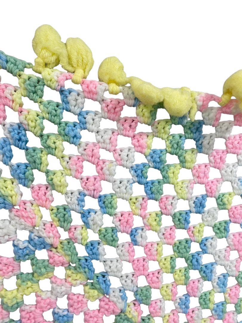 Vintage Crochet Baby Blanket Pastels 44" Square Yellow Pom Pom Trim