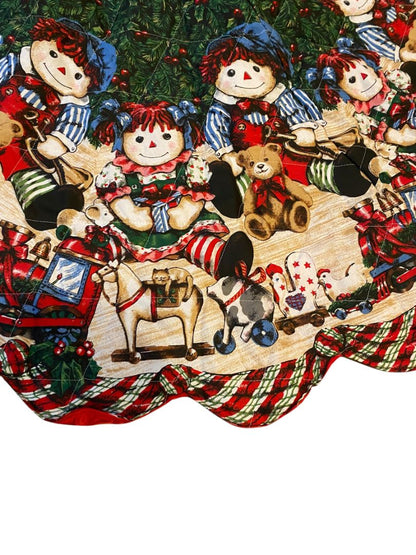 Vintage Christmas Tree Skirt Raggedy Ann Andy Quilted Fabric Christmas Tree Skirt 53" Red Satin Back