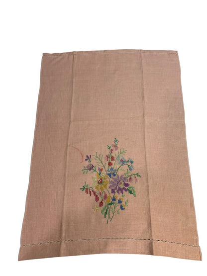 Vintage Pink Linen Cross Stitch Napkin Floral Stain 14" x 19"