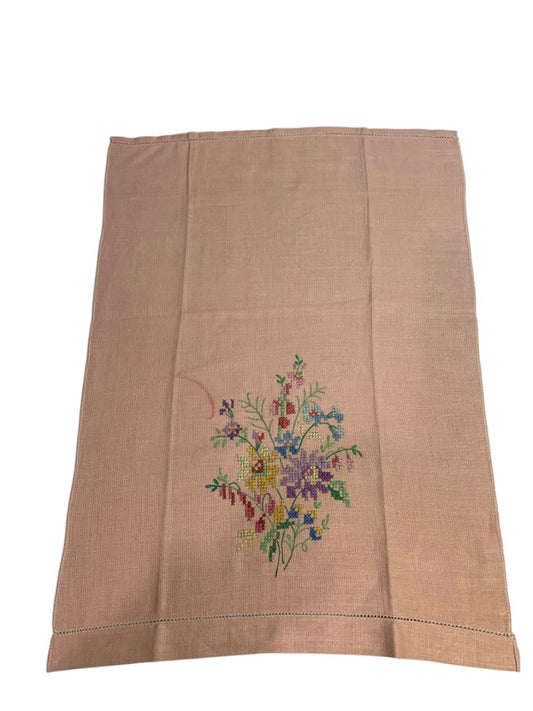 Vintage Pink Linen Cross Stitch Napkin Floral Stain 14" x 19"