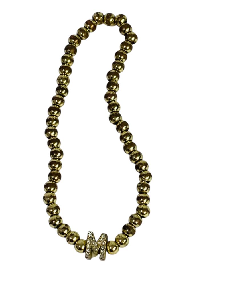 Goldtone Metal Beaded Stretch Bracelet Initial "M"
