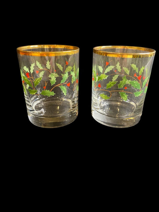 Vintage Mikasa Set of 2 Double Old Fashioned Glasses Holly Berry Ribbon Gold Trim