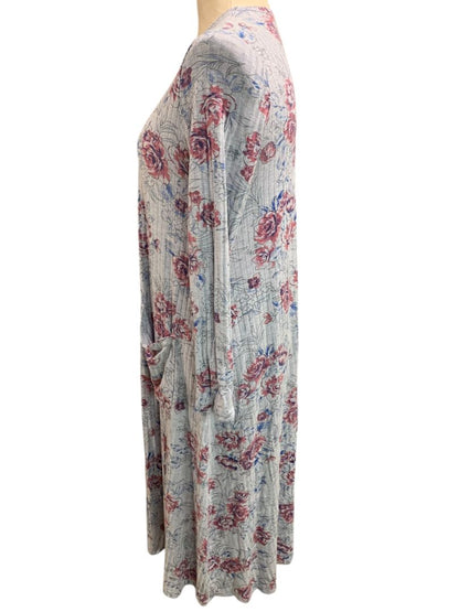 Small LulaRoe Womens Sarah Duster Long Cardigan Gray Floral Pockets