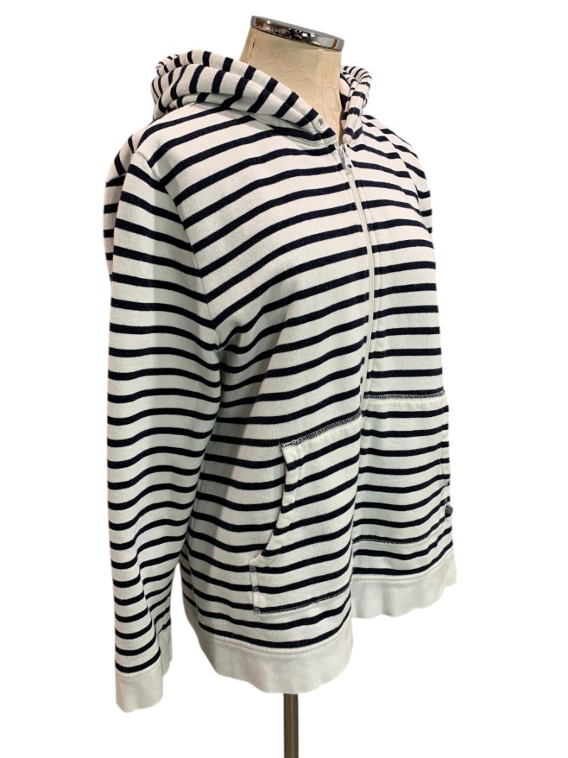 Size XL T by Talbots Womens Zip Up Hoodie Sweatshirt Navy Blue White Stripe