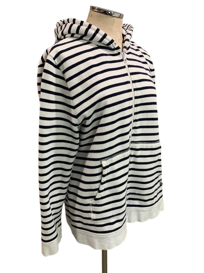 Size XL T by Talbots Womens Zip Up Hoodie Sweatshirt Navy Blue White Stripe