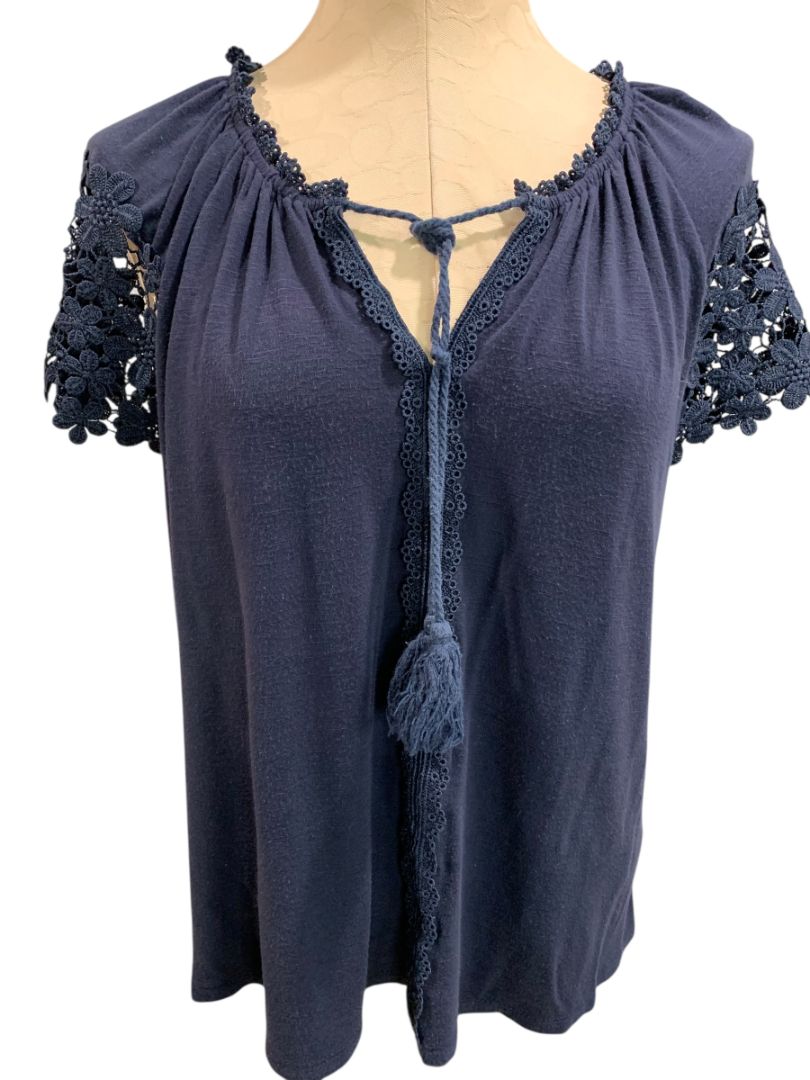 Size Large Adiva Womens Soft Navy Blue Boho Shirt Lace Short Sleeve