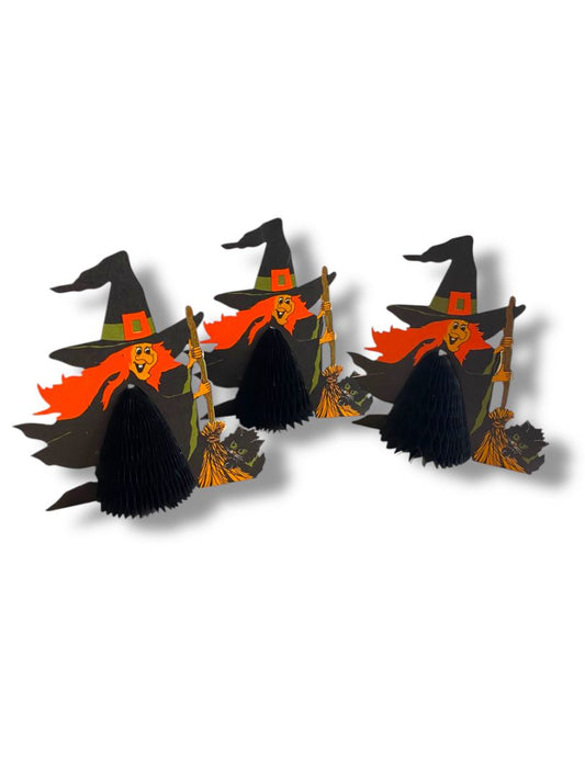Set of 3 Vintage Hallmark Witch Black Cat Honeycomb 4.25" Decorations 25HPF 4-9