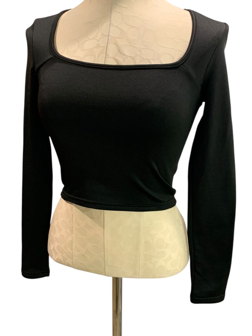 Size XS Black Scoop Neck Fitted Crop Long Sleeve Womens Shirt Fleecey Lining