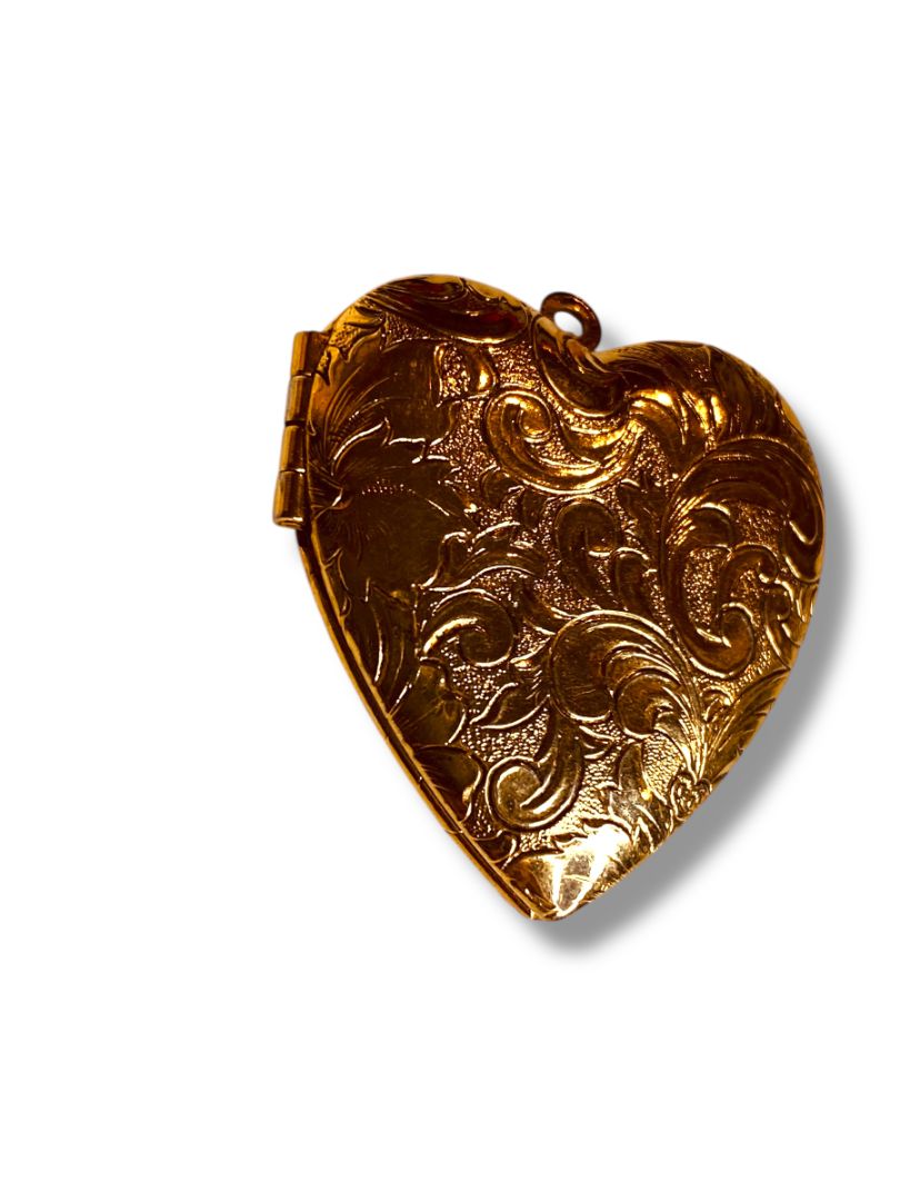 Embossed Heart Pendant Locket Goldtone Hinged for 2 Photos 1.2" (31mm)