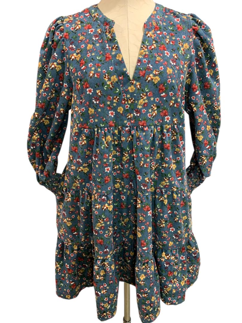Size Medium Umgee Floral Corduroy Dress Pockets Blue V-Neck